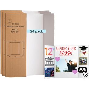 PJ Goods 24 Pcs White Tri Fold Poster Board 36"x48" for Science Fair Presentation Displays, School Projects, Business Displays, 4H, Sports, Graduations/Senior Night, Lightweight and Foldable (white)