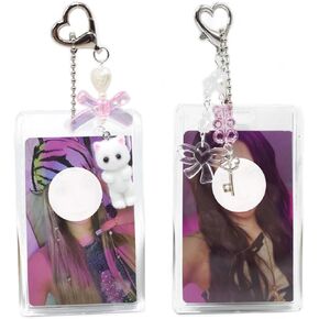 2 Sets Photocard Holder with Cute Cat Keychain Transparent Kpop PhotoCard Holder Keychain Y2K Charm Holders Kawaii Photo Card Keychain Acrylic ID Bus Card Holders Kpop Accessories