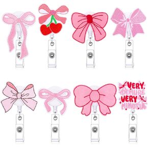 8 Pcs Coquette Pink Bow Badge Reel Retractable Badge Reel for ID Card Cute Alligator Clip Accessories for Nurse Medical Worker Office School Teacher (Bow Theme,Embroidered Cloth)