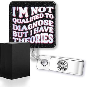 I'm Not Qualified to Diagnose But I Have Theories Funny Glitter Badge Reel, Retractable Badge Holder for RN CNA LVN Nurse Medical Assistant Nursing School, Gradution Gift for Nursing Student