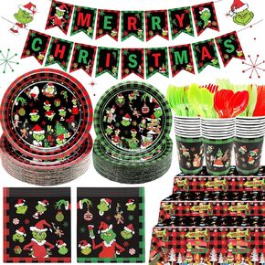 185Pcs Merry Christmas Decorations Christmas Party Supplies Tableware Set Christmas Plates and Napkins with Christmas Tableware for Christmas Party Decorations Happy Holidays Decorations