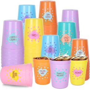 Whaline 16 Oz Valentine's Day Plastic 36Pcs Reusable Cups Conversation Candy Heart Plastic Cups Macaroon Colors Party Supply Drinkware for Wedding Anniversary Dinner Valentine's Day Party Supplies