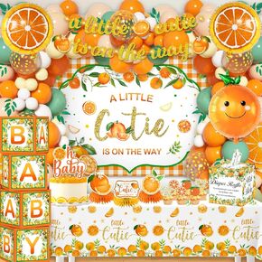 cocomigo 178pcs Little Cutie Baby Shower Decorations Include Orange Balloon Arch Kit, Little Cutie Banner Backdrop Tablecloth Honeycomb Centerpieces Ballon Box, for Cutie Themed Baby Shower