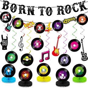 27pcs Rock Themed Party Decorations Set Born to Rock Music Banner Hanging Swirls and Honeycomb Centerpieces Music Theme Party Decor for Happy Birthday Kids Baby Shower Record Party Supplies Favor