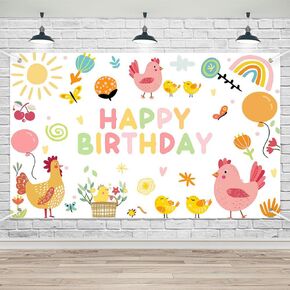 Lofaris Chicken Birthday Party Banner Happy First Birthday Decorations for Girls Farm Animals Theme Newborn Baby Photo Backdrop Supplies (70.8x43.3inch)