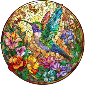 Wooden Puzzle for Adults, Stained Glass Hummingbird Puzzle, Unique Animal Shape Puzzles, Wooden Jigsaw Puzzles for Adults, Thanksgiving for Family Friend (M-11.4 * 11.4in - 200psc)