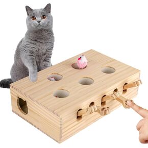 Cat Toy, Interactive Cat Toy Wood Toy, Hide and Seek, Mole Hunting, Playing, Training Scratching 5 Holes Perfect for Indoor Exercise and Fun (Rat)