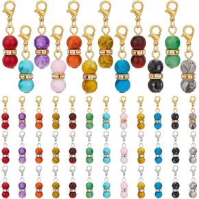 PH PandaHall 48pcs 12 Colors Round Bead Dangle Charms 1.3 Inch Glass Beads with Golden/Silver Lobster Claw Clasps Dangle Pendants for Necklace Bracelet Jewelry Keychain Stitch Markers Making