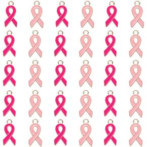 60 Pcs Breast Cancer Awareness Charms Pink Ribbon Pendants Enamel Dangle Beads for Jewelry Making