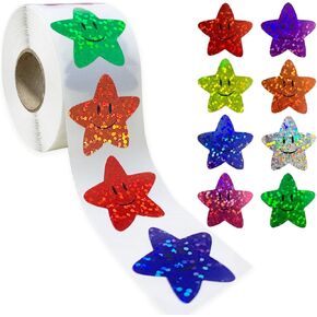 Smiley Face Star Stickers Kids: 1inch Reward Sticker Roll 8 Colored Sparkly Foil Star Glitter Stickers for Student Planner Happy Face Shiny Classroom Teacher Supplies (500)