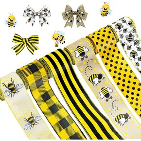 6 Rolls 40 Yards Bee Ribbon Wired Edge Ribbon Honeybee Ribbon for Crafts Wrapping Easter Party Decorations Bee Themed Decorations Bee Baby Birthday Party Supplies