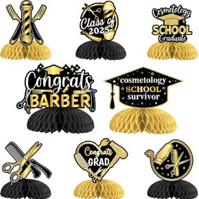 Cosmetology Graduation Decorations 2025, 8pcs Barber Graduation Decoration Honeycomb Centerpiece Hairstylist Table Decoration for Cosmetologist Hairdresser School Survivor Graduation