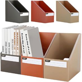 Lemical Plastic Magazine File Holder Organizer Box 3 Pack Upright Magazine Storage Box Foldable Book Organizer Desk Collapsible Magazine Holder with Labels for Home Office Desk (Coffee, Khaki, Orange)
