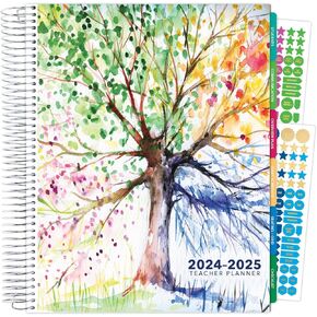 Aug 2024-Jul 2025 Deluxe Teacher Planner Notebook 8.5x11 Daily Weekly Monthly Organizers with 7 Periods, Pocket Folder, Dated Calendar, Page Tabs, Bookmark and Planning Stickers (Tree Seasons)