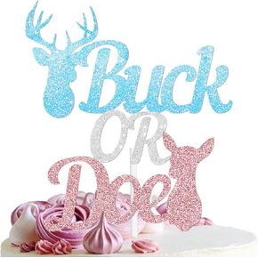 Glitter Deer Cake Topper Cheer to Doe or Buck Gender Reveal Theme Decor Supplies Newborn Gender Reveal Happy Birthday Party Decorations