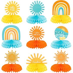 9Pcs Here Comes the Son Honeycomb Centerpieces Table Topper Retro Hippie Bohemian Rainbow Muted Sun Table Decor First Trip Around the Sun Birthday Party Baby Shower Decoration for Baby Boys
