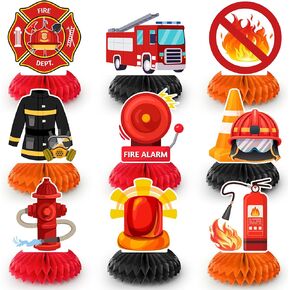Firetruck Honeycomb Centerpieces, 9 Pcs Fireman Honeycomb Centerpiece, Firetruck Honeycomb Table Centerpiece, Firetruck Birthday Table Honeycomb Centerpieces for Firetruck Birthday Decorations