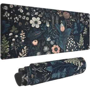 Dark Flower, Floral Plants Mouse Pad, Aesthetic Wildflowers Desk Pad, Gaming Mouse Pad, Non-Slip Rubber Base, Stitched Edges，23.6x11.8 inch Computer Mouse Mat Keyboard for Home Office