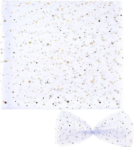 Glitter Tulle Fabric Rolls, 1.7 Yard x 39" Star Moon Sequin Tulle Ribbon Netting Fabric for Tutu Skirts Dress Sewing DIY Crafts Birthday Wedding Party Decoration(White) in Saudi Arabia