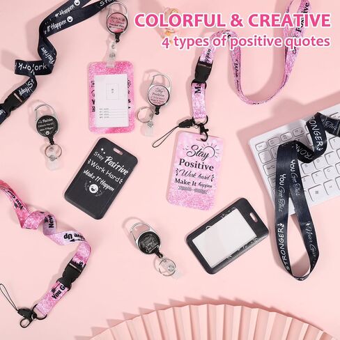 Jspupifip 4 Pack Inspirational ID Badges Clips, Positive Retractable Lanyards and Carabiner Clip, Detachable Name Tags Card Holders Teacher Student Nurse Girls Work Office Back to School Gifts in Saudi Arabia