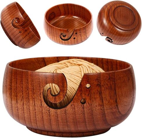 Wooden Yarn Bowl, 6" x 3" Knitting Yarn Bowl with Holes, Handmade Rounded Edge Yarn for Crocheting, Yarn Storage Bowl Holder for DIY Knitting, Knitting and Crochet Supplies in Kuwait