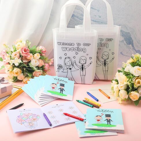Tenceur 12 Packs Wedding Activities for Kids Include 12 Pcs Wedding Coloring Book, 12 Pcs Non Woven Wedding Favors Bags and 12 Sets Activity Crayons for Wedding Scavenger Hunt Game Reception in Saudi Arabia