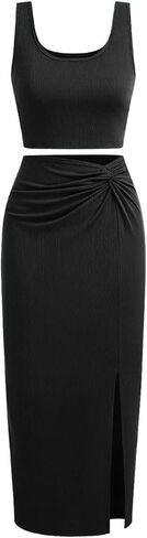 تنورة نسائية مكونة من قطعتين مع تنورة قصيرة بدون أكمام وفتحة تويست ومجموعة فستان ضيق وتنانير طويلة مكشكشة in Kuwait