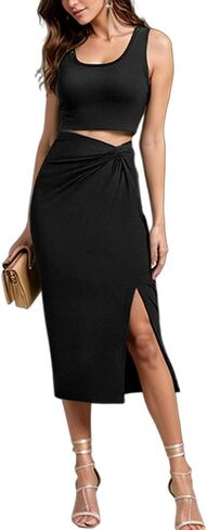 تنورة نسائية مكونة من قطعتين مع تنورة قصيرة بدون أكمام وفتحة تويست ومجموعة فستان ضيق وتنانير طويلة مكشكشة in Kuwait