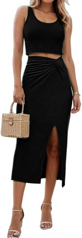 تنورة نسائية مكونة من قطعتين مع تنورة قصيرة بدون أكمام وفتحة تويست ومجموعة فستان ضيق وتنانير طويلة مكشكشة in Kuwait