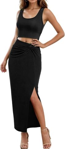 تنورة نسائية مكونة من قطعتين مع تنورة قصيرة بدون أكمام وفتحة تويست ومجموعة فستان ضيق وتنانير طويلة مكشكشة in Kuwait