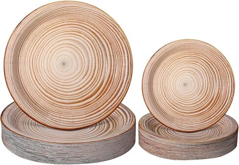Mumufy 100 Pack Light Wood Grain Paper Plates Wooden Slice Dinner Plates and Camp Fire Dessert Farmhouse Woodland Party favor for Lumberjack Party Supplies in Kuwait