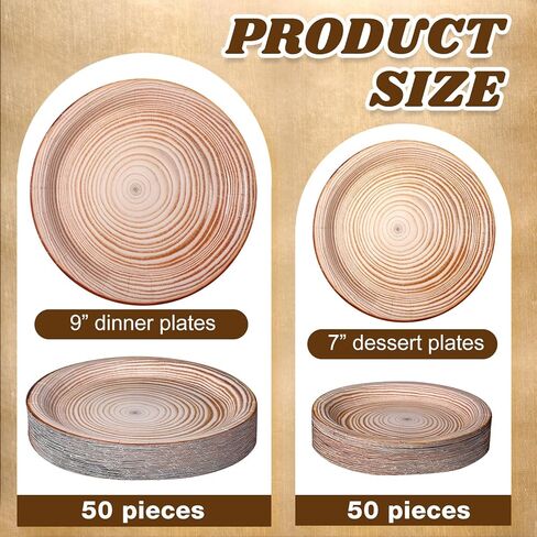 Mumufy 100 Pack Light Wood Grain Paper Plates Wooden Slice Dinner Plates and Camp Fire Dessert Farmhouse Woodland Party favor for Lumberjack Party Supplies in Kuwait