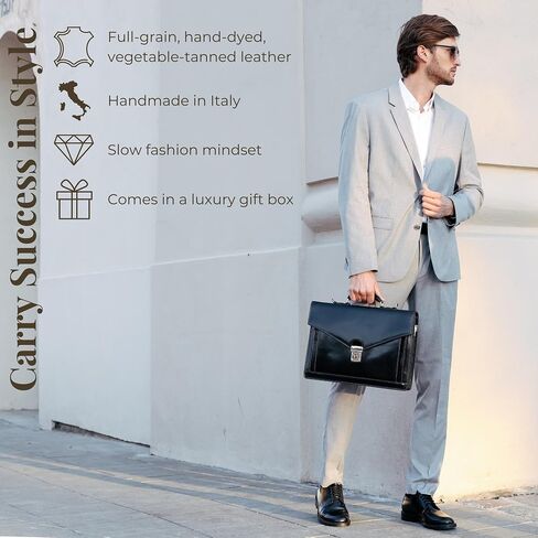 Time Resistance Leather Briefcase for Men - Business Laptop Bag - Italian Handmade Leather Bag - Attache - Gift Box Included in Kuwait