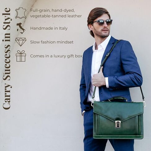 Time Resistance Leather Briefcase for Men - Business Laptop Bag - Italian Handmade Leather Bag - Attache - Gift Box Included in Kuwait