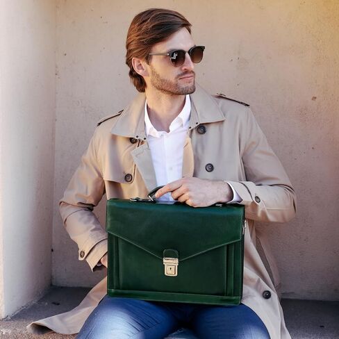 Time Resistance Leather Briefcase for Men - Business Laptop Bag - Italian Handmade Leather Bag - Attache - Gift Box Included in Kuwait
