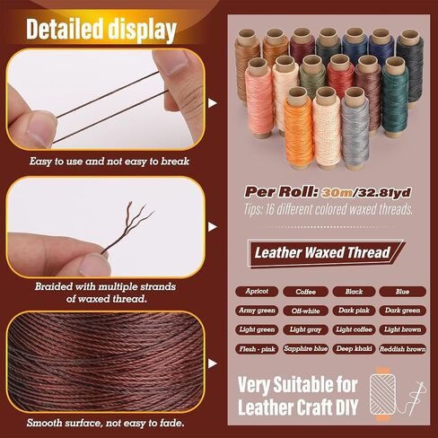 0.8 mm Leather Sewing Thread, 16 Colors 32 Yards Waxed Thread, Round Waxed Thread, Beading Thread, Wax String for Bracelet Making, Sewing Stitching, Bookbinding, Braiding in Saudi Arabia
