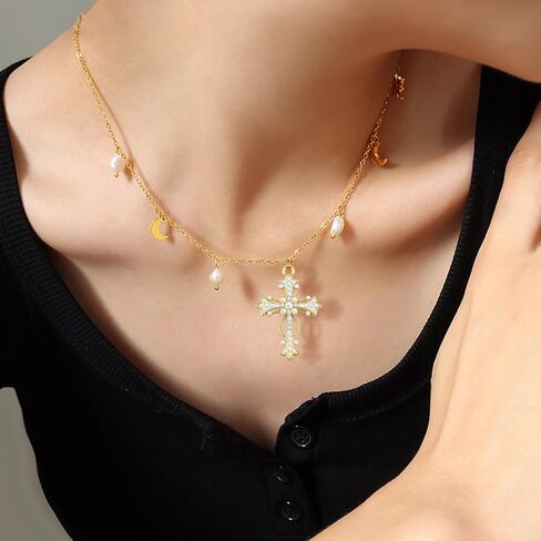 30Pcs Crystal Rhinestone Pearl Cross Charms Alloy Cubic Zirconia Crucifix Pendant for Diy Necklace Earrings Easter Jewelry Making in Kuwait