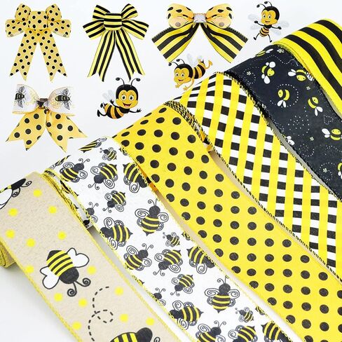 6 Rolls 40 Yards Bee Ribbon Wired Edge Ribbon Honeybee Ribbon for Crafts Wrapping Easter Party Decorations Bee Themed Decorations Bee Baby Birthday Party Supplies in Saudi Arabia