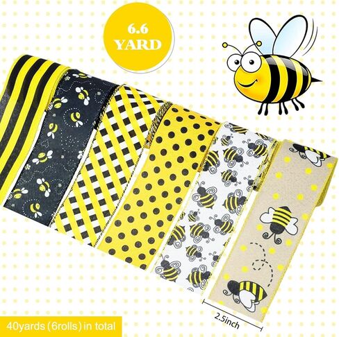 6 Rolls 40 Yards Bee Ribbon Wired Edge Ribbon Honeybee Ribbon for Crafts Wrapping Easter Party Decorations Bee Themed Decorations Bee Baby Birthday Party Supplies in Saudi Arabia