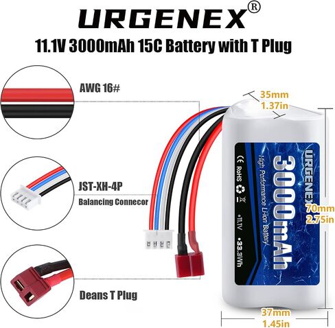 بطارية Urgenex 11.1V 3000mAh Li-Ion لـ R608 Bushless RC Boat 15C 3000MAH بطارية RC عالية السعة مع Deans T Plugh 33.3WH 3S RC BOAT BATTION in Saudi Arabia