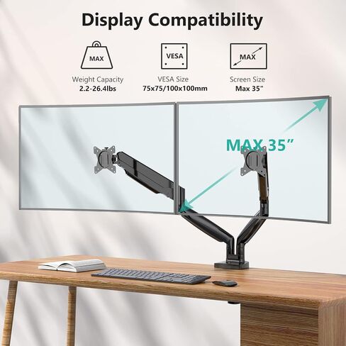 Wali Dual Monitor Stand Arms Mounts ، لشاشاتان ، قوس ثقوب التثبيت القابلة للتكيف مع غاز غاز قابلة للتعديل بالكامل مع Clamp Clamp ، قاعدة Grommet للعرض حتى 32 بوصة ، 19.8 رطل. (GSMP002) ، الأسود in Kuwait