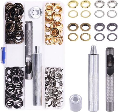 Rustark 120 Sets 3/8 "10mm Grommet Sheelets Kit Kit Kit مع أداة تثبيت 3pcs ، Gold Silver Black Bronze Eyelet Grommet للجلد ، قماش ، قماش القنب ، مشاريع Craft DIY in Kuwait
