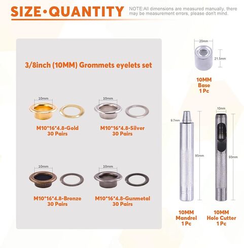 Rustark 120 Sets 3/8 "10mm Grommet Sheelets Kit Kit Kit مع أداة تثبيت 3pcs ، Gold Silver Black Bronze Eyelet Grommet للجلد ، قماش ، قماش القنب ، مشاريع Craft DIY in Kuwait
