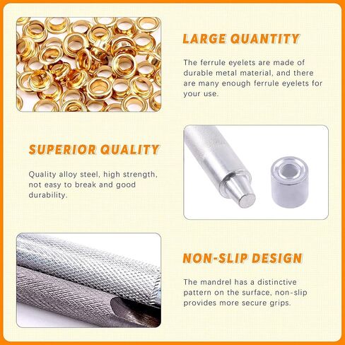 Rustark 120 Sets 3/8 "10mm Grommet Sheelets Kit Kit Kit مع أداة تثبيت 3pcs ، Gold Silver Black Bronze Eyelet Grommet للجلد ، قماش ، قماش القنب ، مشاريع Craft DIY in Kuwait
