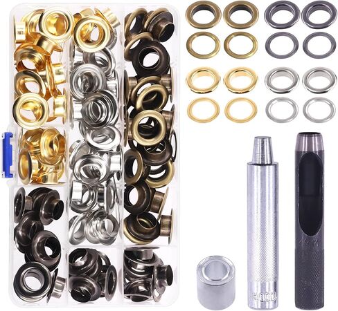 Rustark 120 Sets 3/8 "10mm Grommet Sheelets Kit Kit Kit مع أداة تثبيت 3pcs ، Gold Silver Black Bronze Eyelet Grommet للجلد ، قماش ، قماش القنب ، مشاريع Craft DIY in Kuwait
