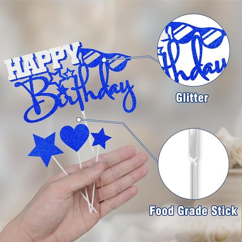 Happy Birthday Cake Toppers, Blue Silver Birthday Cake Topper for Men Women Boys Girls, Birthday Party Glitter Cake Decorations Supplies for Him Her in Saudi Arabia