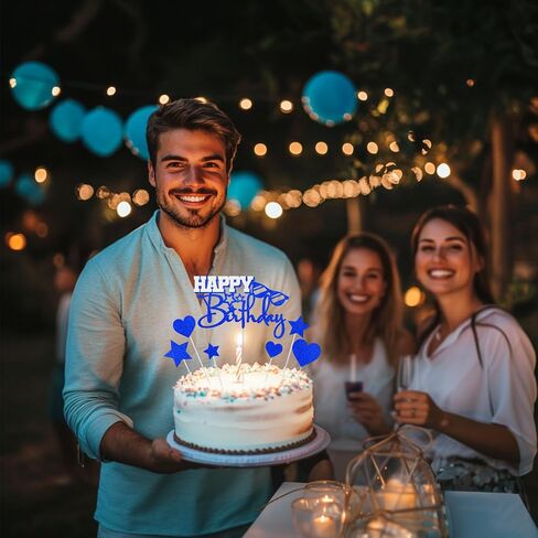 Happy Birthday Cake Toppers, Blue Silver Birthday Cake Topper for Men Women Boys Girls, Birthday Party Glitter Cake Decorations Supplies for Him Her in Saudi Arabia