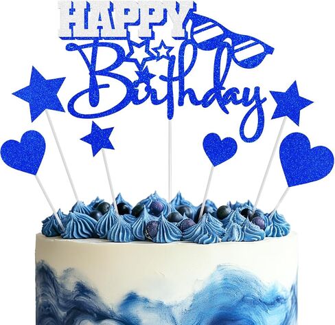 Happy Birthday Cake Toppers, Blue Silver Birthday Cake Topper for Men Women Boys Girls, Birthday Party Glitter Cake Decorations Supplies for Him Her in Saudi Arabia