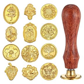 12 Pcs Metal Wax Seal Stamp Kit Gold Sealing Wax Stamp Heads Flower Classical Wax Sealing Stamp Crafts with a Wooden Handle for Letter Greeting Cards(Tree Rose Tulip Daisy Butterfly etc.)