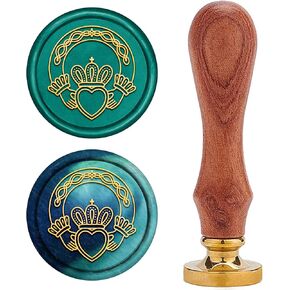 ختم ختم الشمع الزهري ختم ختم ختم شمع الختم التقليدي الأيرلندي Claddagh 25mm قابلة للإزالة من النحاس النحاس ختم مع مقبض خشبي لدعوة الزفاف عيد الميلاد عيد الميلاد